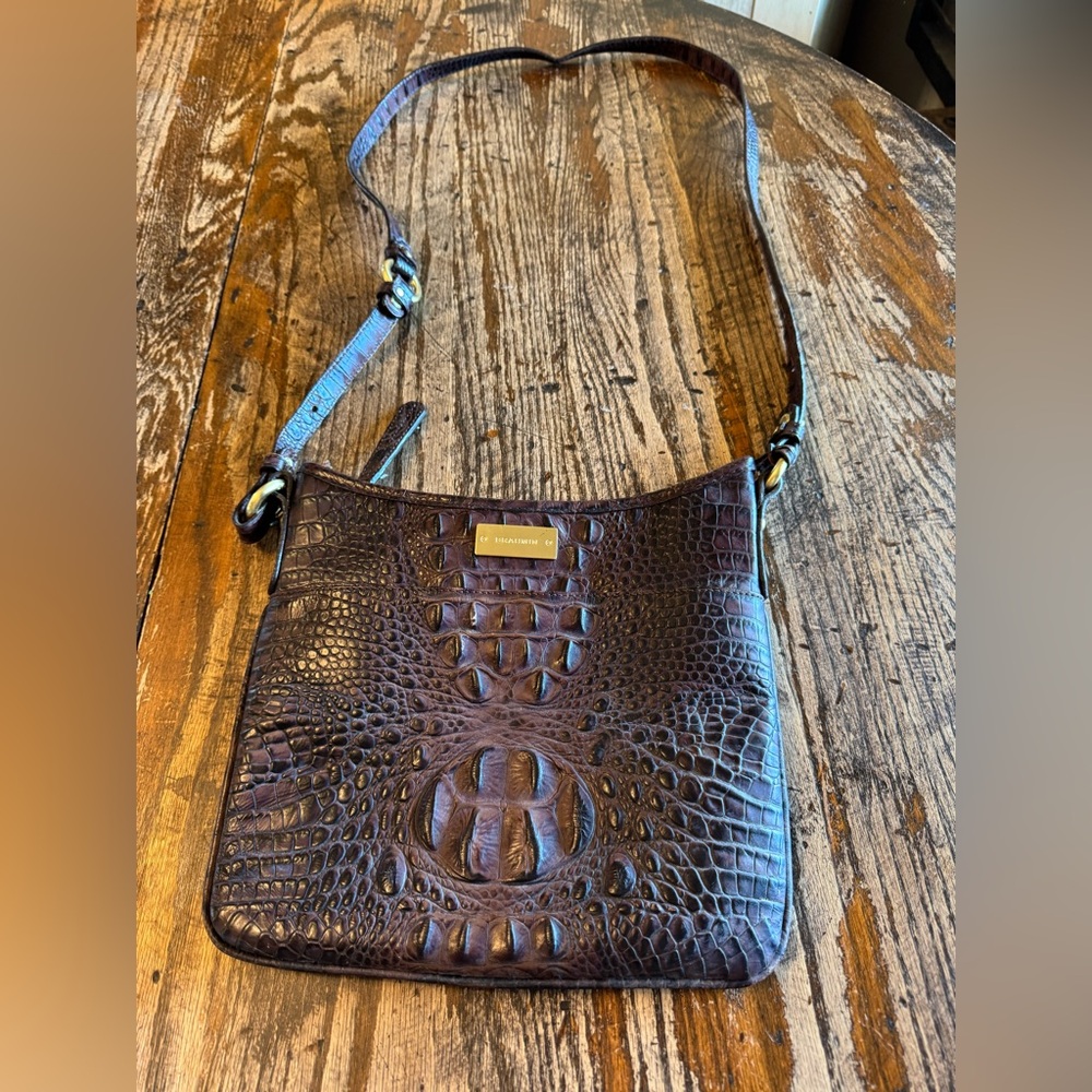 Croc-Embossed Brown Crossbody Bag